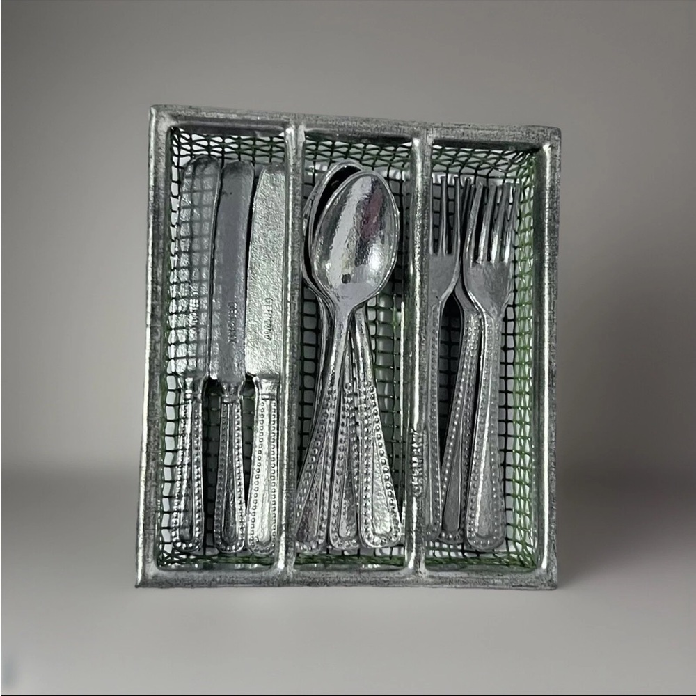 Vintage German Toy Doll Miniature Metal Silverware Set in Metal Tray